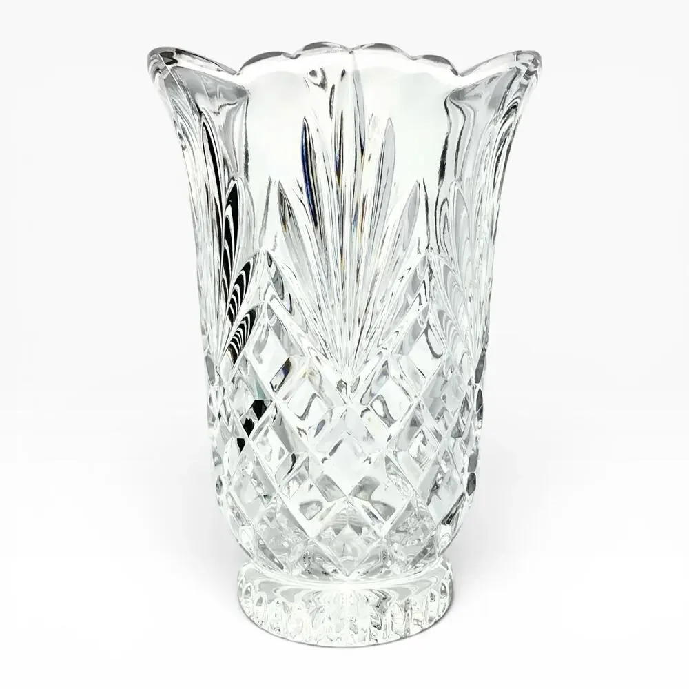 Vintage Tulip Flared Scalloped Footed Crystal Vase 6 3/4” Fan & Cross-Cross Cuts